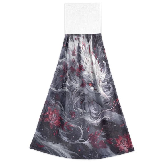 Wolf Red Flower Hand Towels 2 Pack Quick Dry Velvet Soft with Velcro Kitchen Bath 14x18in