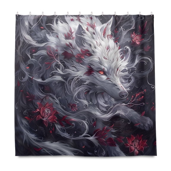 Wolf Red Flower Shower Curtain Liners Waterproof 72 Inch with C Shaped Curtain Hooks