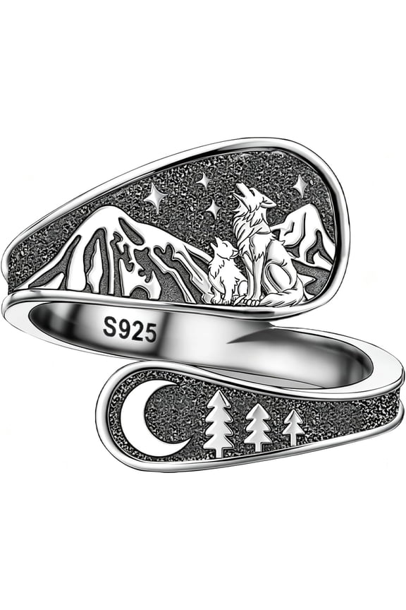 Wolf Ring 925 Sterling Silver Mother Daughter Spoon Rings Wolf Mom Ring with Cub Thumb Mother Jewelry Gift for Women
