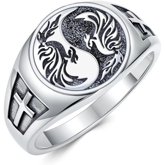 Wolf Ring 925 Sterling Silver Yin Yang Ring Witcher Medallion Cross Rings for Men Viking Wolf Jewelry Christmas Birthday Gifts Unisex