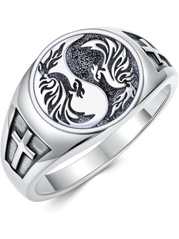 Wolf Ring 925 Sterling Silver Yin Yang Ring Witcher Medallion Cross Rings for Men Viking Wolf Jewelry Christmas Birthday Gifts Unisex