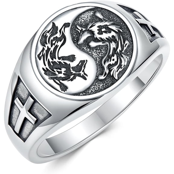 Wolf Ring 925 Sterling Silver Yin Yang Ring Witcher Medallion Cross Rings for Men Viking Wolf Jewelry Christmas Birthday Gifts Unisex