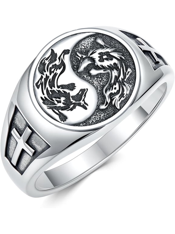 Wolf Ring 925 Sterling Silver Yin Yang Ring Witcher Medallion Cross Rings for Men Viking Wolf Jewelry Christmas Birthday Gifts Unisex
