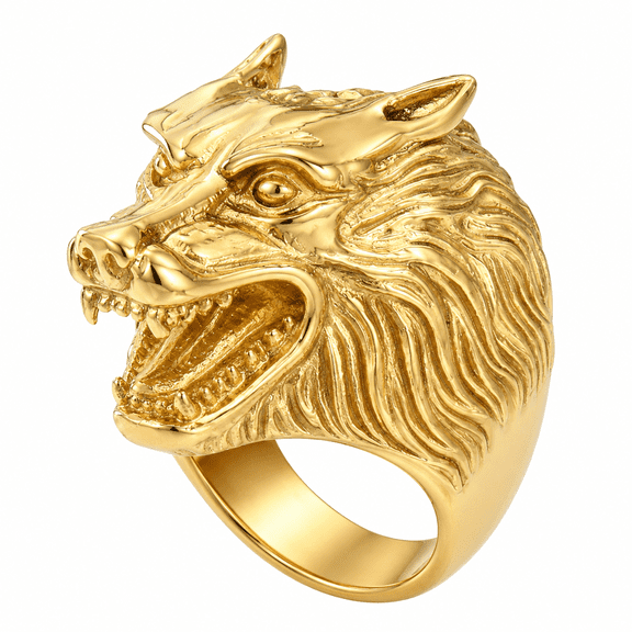 Wolf Ring for Men, Alloy Animal Head Statement Ring, Biker Gothic Punk Style, Electroplated Bold Face Men’s Ring for Parties Concerts Daily Styling, Sizes 7-15