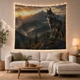 thumbnail image 1 of Wolf on Rocky Outcrop with Sunset in Mountain Valley, Majestic Illustration for Wildlife Fans, Nature Digital Art Decor, Housewarming Gift, Tapestry Wall Hanging for Bedroom and Living Room, 1 of 7