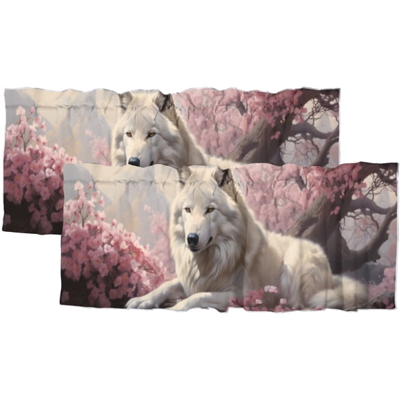 Wolf Rod Pocket Thermal Insulated Curtain Valance Wildlife Animal Forest Cherry blossoms Natural Landscape Thermal Insulated Room Darkening Curtain for Dinning Room 54 by 18 in, 2 Panel