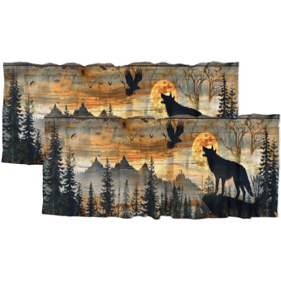 Wolf Rod Pocket Valances for Kitchen Forest Eagle Wild Animals Rustic Wooden Board Window Valance for Bedroom Bathroom Living Room Dining Room Valances Set 54 by 18 in, 2 Panel