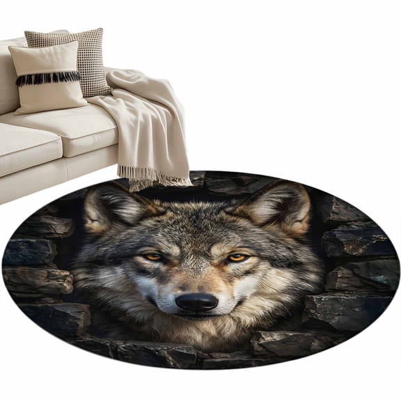 Wolf Round Rug 3.3ft Washable Circle Entryway Rugs Non Slip Mysterious Black Dark Stones Gray Brown Area Rug Indoor Floor Carpet for Bedroom Kitchen Living Room Home Office Dining Room Nursery