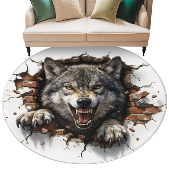 Wolf Round Rug 7ft Washable Circle Rugs Non Slip Animal Broken Wall Dynamic Angry Expression Large Area Rug Indoor Floor Carpet for Bedroom Kitchen Living Room Home Office Dining Room Nursery