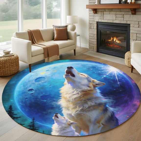 Wolf Round Rugs for Living Room 5ft Watercolor Roaring Wolf Fantasy Universe Planet Forest Tree Non Slip Circle Rug Washable Low-Profile Indoor Carpet for Bedroom, Dining Room, Bathroom