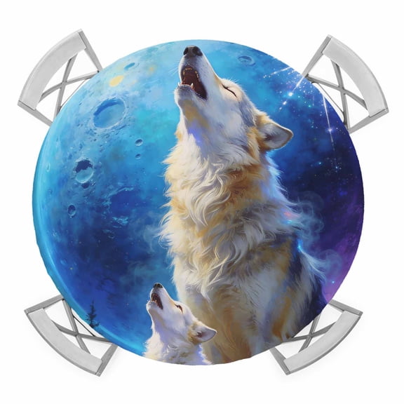 Wolf Round Table Cover, Watercolor Roaring Wolf Fantasy Universe Planet Forest Tree Waterproof Fitted Tablecloths for 36"-44" Tables, Washable Picnic Table Cover for Camping Dining Indoor Outdoor