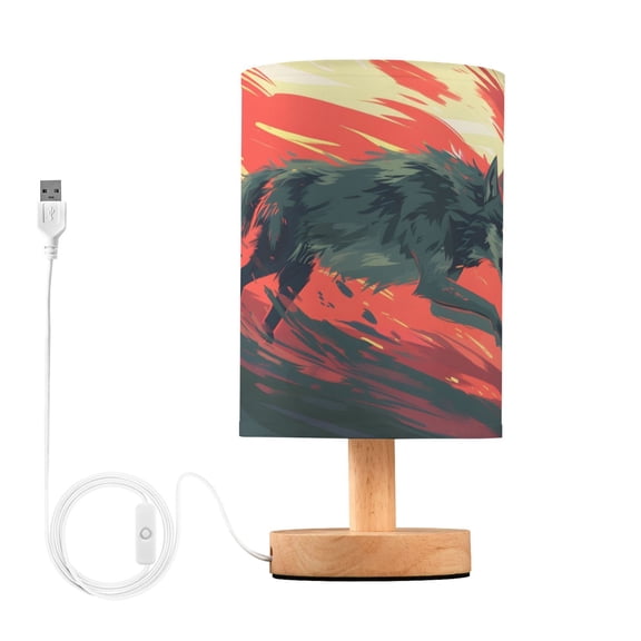 Wolf Running Bedside Table Lamp Desk Warm Lights with USB Charging Port Cylinder LED Lamps for Bedroom Living Room Office