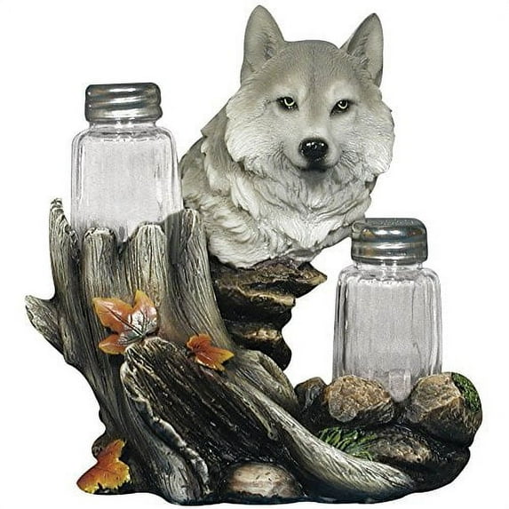 Wolf Salt & Pepper Shaker Set Hallowed Tree Trunk Forest Scene Resin Figure
