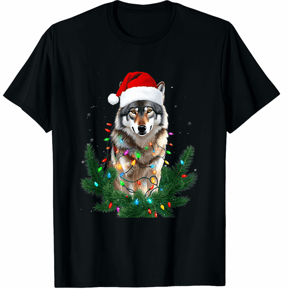 Wolf Santa Hat Christmas Lights Wolf Lover Animal Xmas T-Shirt for Men Women
