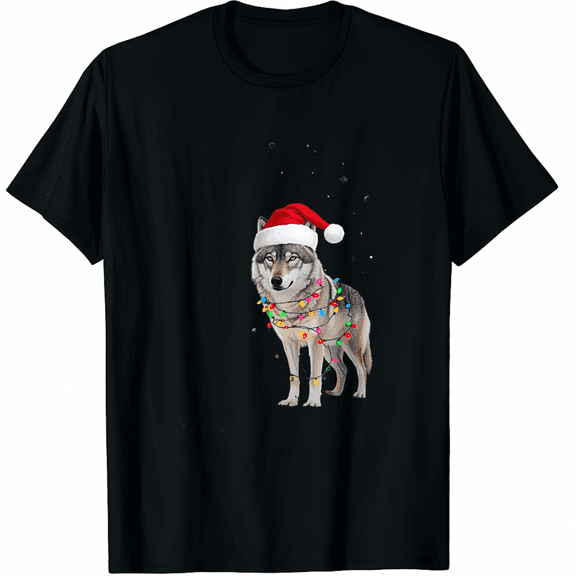 Wolf Santa Hat Christmas Lights Wolf Lover Animal Xmas T-Shirt for Men Women