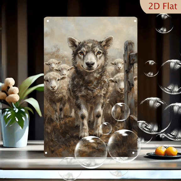 Wolf and Sheep Coexisting Harmony 8x12 Inches Metal Wall Art, Impressionist Painterly Wolf with Flock in Rustic Fence, Surreal Dawn Dusk Mood Decor for Living Room
