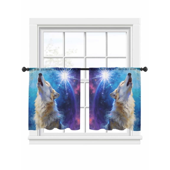 Wolf Sheer Curtains 2 Panels Set Watercolor Roaring Wolf Fantasy Universe Planet Forest Tree Sheer Window Curtains Light Filtering Rod Pocket Voile Drapes for Bedroom Living Room 52"x45"