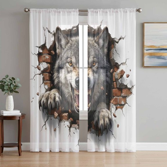 Wolf Sheer Curtains 96 Inch Length 2 Panels Set, Animal Broken Wall Dynamic Angry Expression Voile Window Treatment Semi Sheer Long Curtains Drapes for Bedroom/Living Room/Kitchen 52"x96"x2