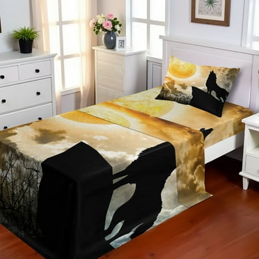 Wolf Sheet Set, Howling Animal Silhouette at the Top a Hill Full Moon at the Night Time Print, Fitted and Flat Sheet Pillowcase Bedding Accent 3 Piece Set, Twin XL, Yellow and Black, by Ambesonne