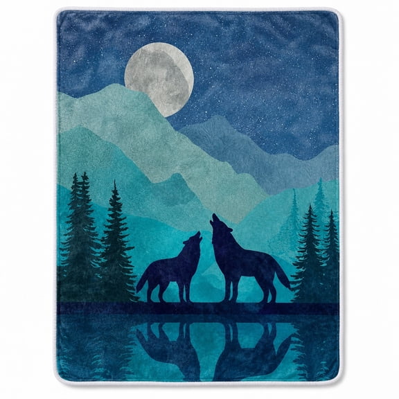 Wolf Sherpa Blanket, Moonlit Mountain Forest Throw, Soft Polyester Fleece, Multisize