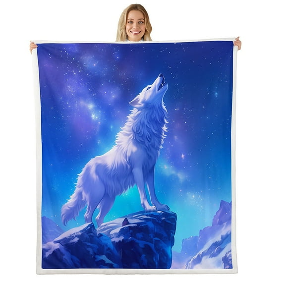 Wolf Sherpa Blanket Purple Blue Starry Sky Fleece Blanket White Wildlife Wolves Throw Blanket Throw 50"X60",Snow Mountain Decor Plush Bed Blanket Teens Bedroom Decor