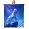 thumbnail image 1 of Wolf Sherpa Blanket Purple Blue Starry Sky Fleece Blanket White Wildlife Wolves Throw Blanket Twin 60"X80",Snow Mountain Decor Plush Bed Blanket Teens Bedroom Decor, 1 of 6