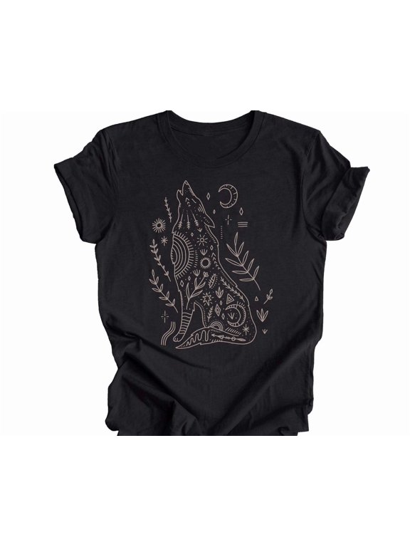 Wolf Shirt Howling Wolf Graphic Tee Boho Wolf Tshirt Spirit Animal Shirts Wolf Totem T Shirt Boho Graphics Bohemian Tops Cute Bohemian Wolf