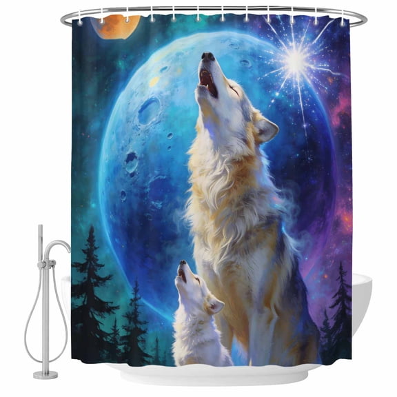 Wolf Shower Curtain for Bathroom, Watercolor Roaring Wolf Fantasy Universe Planet Forest Tree Waterproof Cloth Fabric Bathroom Accessories Set with 9 Rust Proof Plastic Hooks, 36"x72"