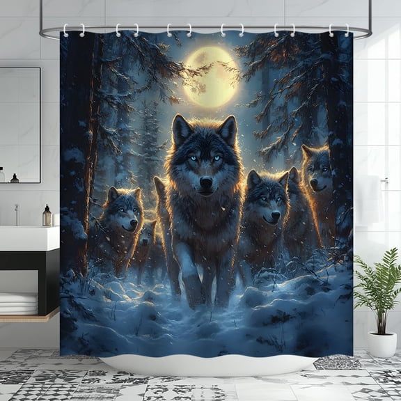 Wolf Shower Curtain, Forest Wildlife, Full Moon Night, Wolves, Snowy Mountain and Powerful Animal Bathroom Decor 60"W x 72"H