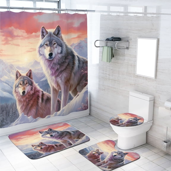 Wolf Shower Curtain Set with Rugs for Bathroom Decor Winter Scene Rustic Snowy Forest Pine Tree Nature Landscape Bathroom Decor Bath Curtain with Rugs Toilet Lid Cover Bath Mat, 72x72 Inch