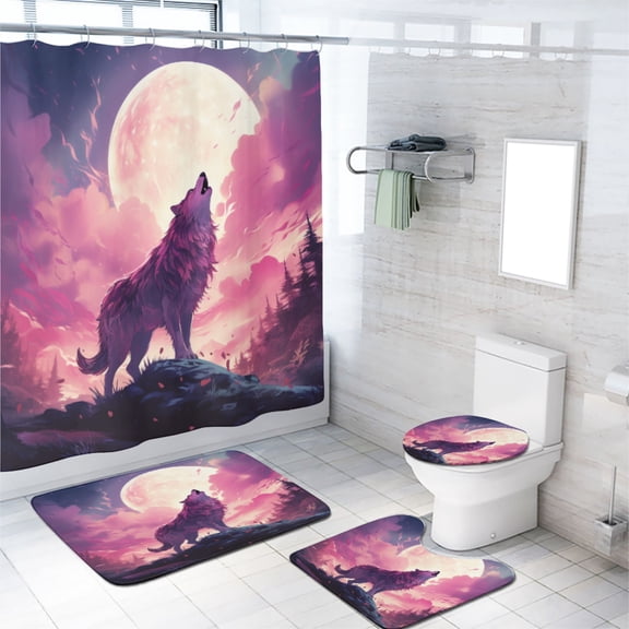 Wolf Shower Curtain Set Wild Animal Howling Under The Moon Purple Starry Sky Bathroom Sets Decor Accessories with Non-Slip Rug Toilet Lid Cover Bath Mat and 12 Hooks, 72x72 Inch