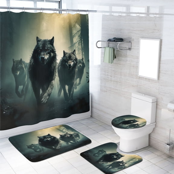 Wolf Shower Curtain Sets with Rugs 4 Piece Magical Forest Night Wild Animals Running with Non-Slip Rugs Toilet Lid Cover and Bath Mat Bathroom Decor Set, 72x72 Inch