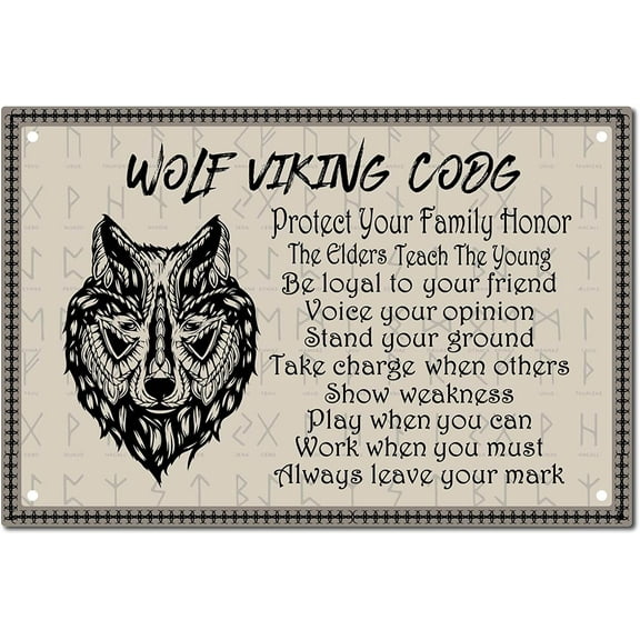 Wolf Sign Metal Tin Plate Vintage Wolf Vikings Code Signs Protect Honor Loyal Plaque Animals Retro Wall Decorations for Family Home Restroom Bathroom Bar Door Decor 8x12Inch Making DIY