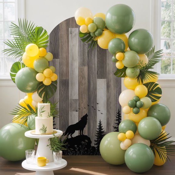 Wolf Silhouette Arch Backdrop Cover, 4FT, Dark Forest Pine Tree Brown Wood Grain Rustic Spandex Arch Covers Double-Sided Backdrop for Wedding Birthday Party Photo Background Decoration