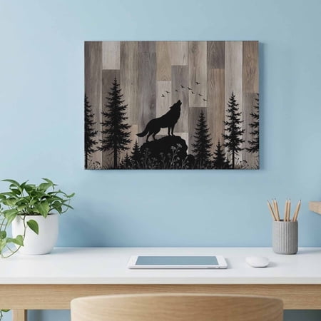 Wolf Silhouette Canvas Wall Art, Dark Forest Pine Tree Brown Wood Grain Rustic Wall Art Prints Artwork Framed Canvas Ready to Hang Art Pictures for Living Dining Room Bedroom Hallway 24" x 18"