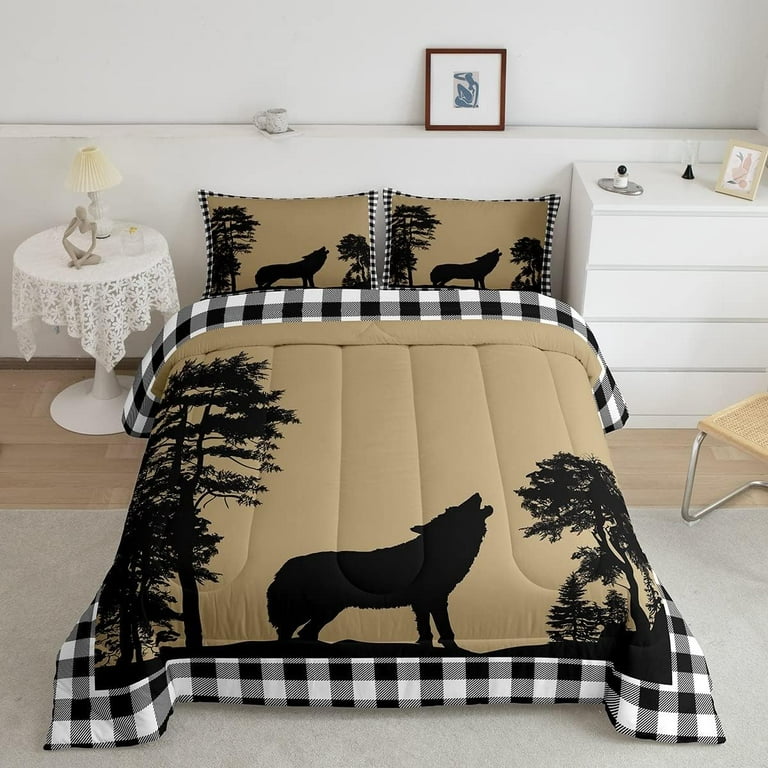 Wolf Silhouette Duvet Insert For Boys, Hunting Wildlife Animal Comforter  Set For Kids Teens Adult, Black White Buffalo Plaid Bedding Set Vintage