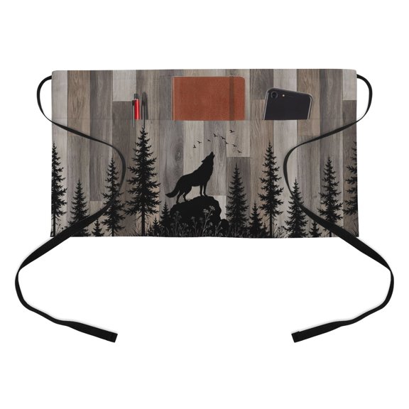 Wolf Silhouette Kitchen Restaurant Half Waist Apron, Dark Forest Pine Tree Brown Wood Grain Rustic Server Short Apron with 3 Pockets Waterproof Oil Waist Aprons for Women Waitress Waiter