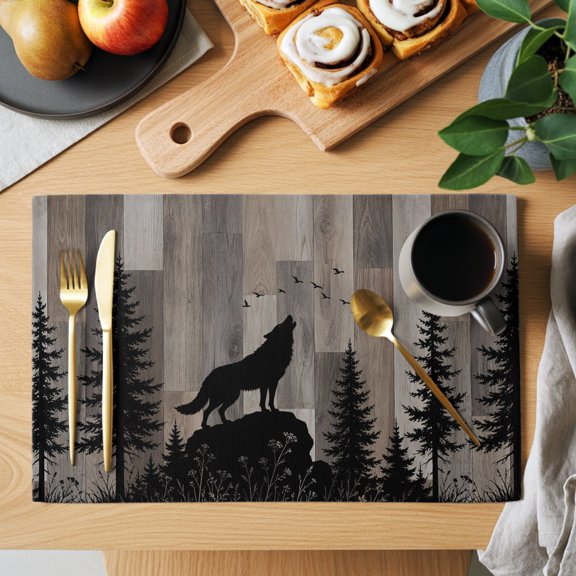 Wolf Silhouette Placemats Set of 2 Dark Forest Pine Tree Brown Wood Grain Rustic Heat Insulation Washable Place Mats, Non-Slip Table Mats for Dining Table Party Kitchen Decor, 13x19 Inch