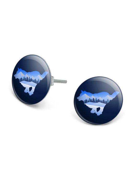Wolf Silhouette Running Snow Scenery Novelty Silver Plated Stud Earrings