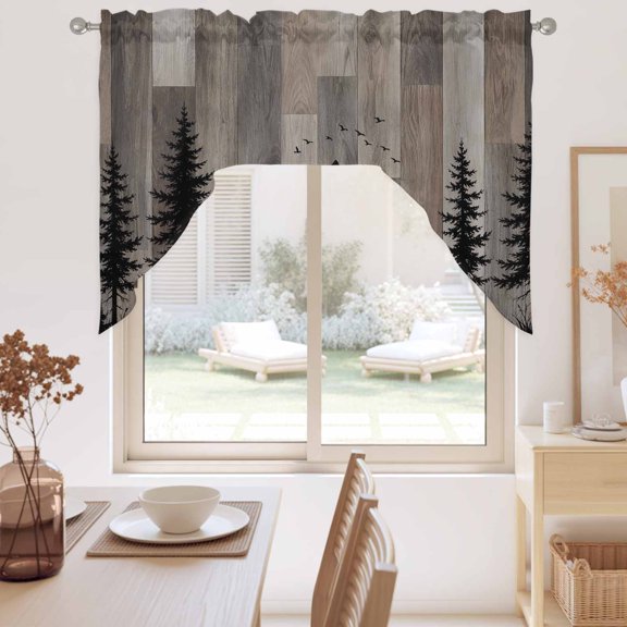 Wolf Silhouette Swag Valance for Windows, Dark Forest Pine Tree Brown Wood Grain Rustic Swag Curtains Valances for Small Window Treatment Rod Pocket for Kitchen Bathroom 1 Panel 56x36in