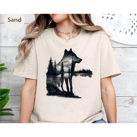 Wolf Silhouette T-Shirt - Mountain Lake Scene, Nature Lover Tee All Size S-5Xl