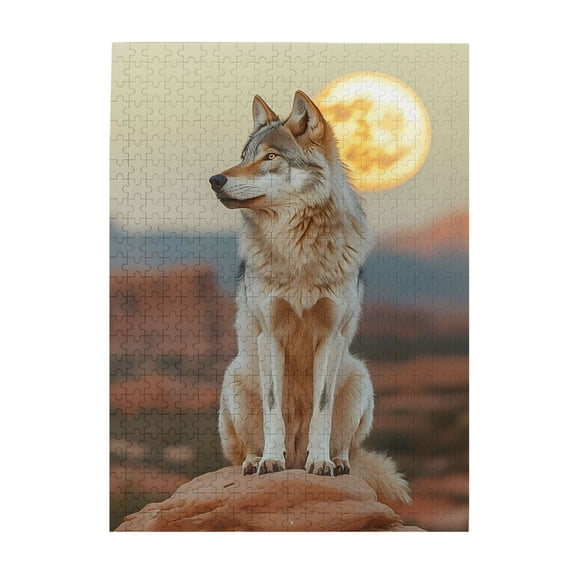 Wolf Sitting Rock Desert Moon 1000-Piece Wooden Jigsaw Puzzle for Adults, Fun & Challenging Family Game, Stylish Wall Decor & Holiday Gift