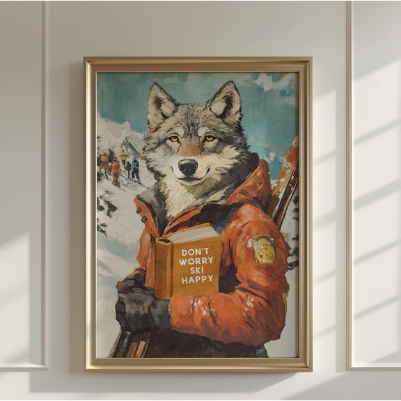 Wolf Skiing Art Print, Funny Alpine Lodge Wall Decor Cabin Mountain Winter Poster, Poster Only