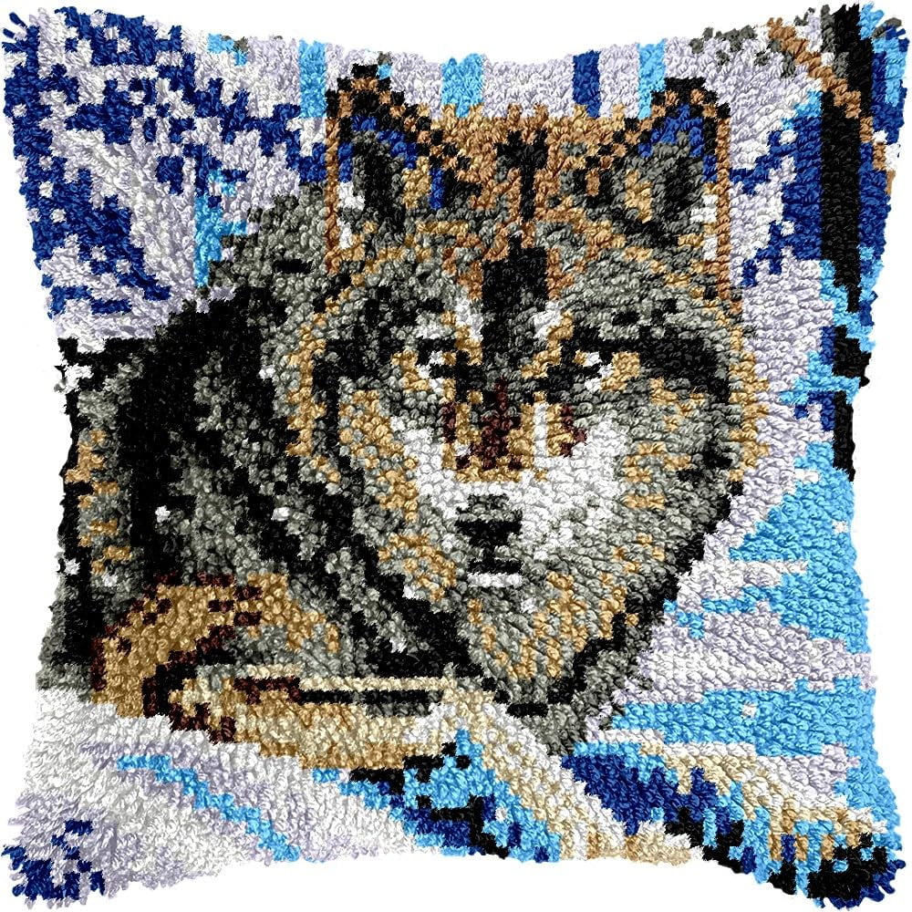 Wolf in Snow Latch Hook Pillow Kits Pillow Cover Pattern Printed Canvas Crochet Cross Stich Hooking Pillowcase Cushion Crafts Embroidery Latch Hooking Crochet Kits Set 17x17 inch(100)