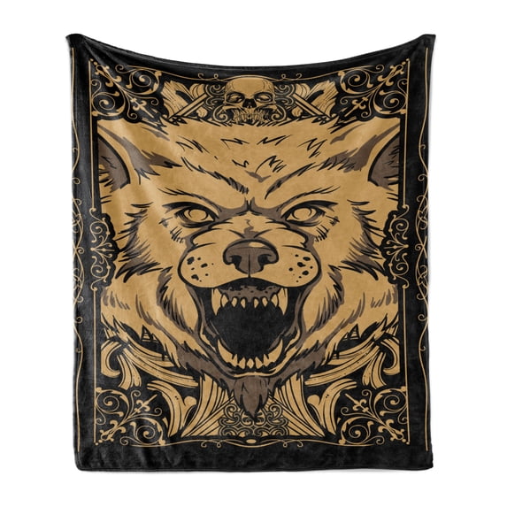 Wolf Soft Flannel Fleece Blanket, Angry Carnivore Animal Face with Skull Ornamental Curlicues Swirls Lines Frame, Cozy Plush for Indoor and Outdoor Use, 50" x 70", Black Pale Caramel, by Ambesonne