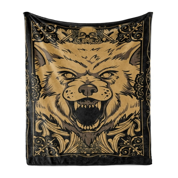 Wolf Soft Flannel Fleece Blanket, Angry Carnivore Animal Face with Skull Ornamental Curlicues Swirls Lines Frame, Cozy Plush for Indoor and Outdoor Use, 60" x 80", Black Pale Caramel, by Ambesonne