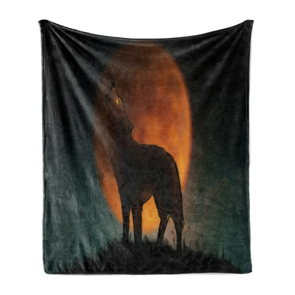 Wolf Soft Flannel Fleece Blanket, Animal Howling in the Wild in Front of a Big Full Moon Horror Forest Theme, Cozy Plush for Indoor and Outdoor Use, 50" x 70", Charcoal Grey Apricot, by Ambesonne
