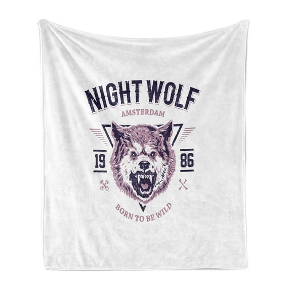 Wolf Soft Flannel Fleece Blanket, Born to Be Wild Angry Animal Vintage Grunge Illustration Roaring Savage Retro, Cozy Plush for Indoor and Outdoor Use, 50" x 70", Dried Rose Eggplant, by Ambesonne
