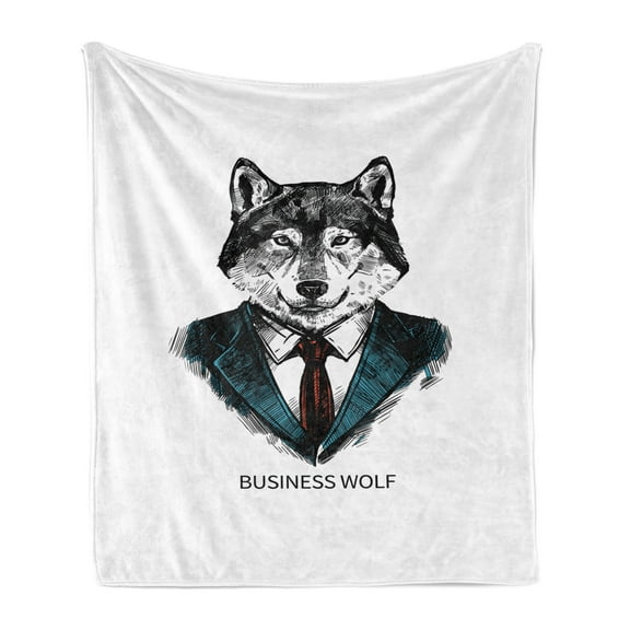 Wolf Soft Flannel Fleece Blanket, Business Animal in Suit with Jacket Shirt and Tie Sketch Style Hipster Print, Cozy Plush for Indoor and Outdoor Use, 50" x 70", Teal Vermilion Black, by Ambesonne