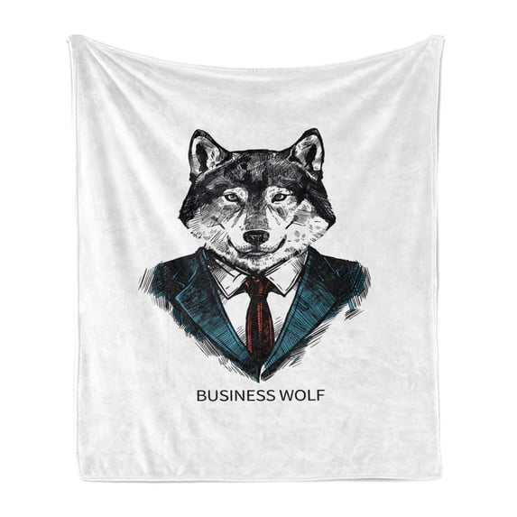 Wolf Soft Flannel Fleece Blanket, Business Animal in Suit with Jacket Shirt and Tie Sketch Style Hipster Print, Cozy Plush for Indoor and Outdoor Use, 50" x 70", Teal Vermilion Black, by Ambesonne